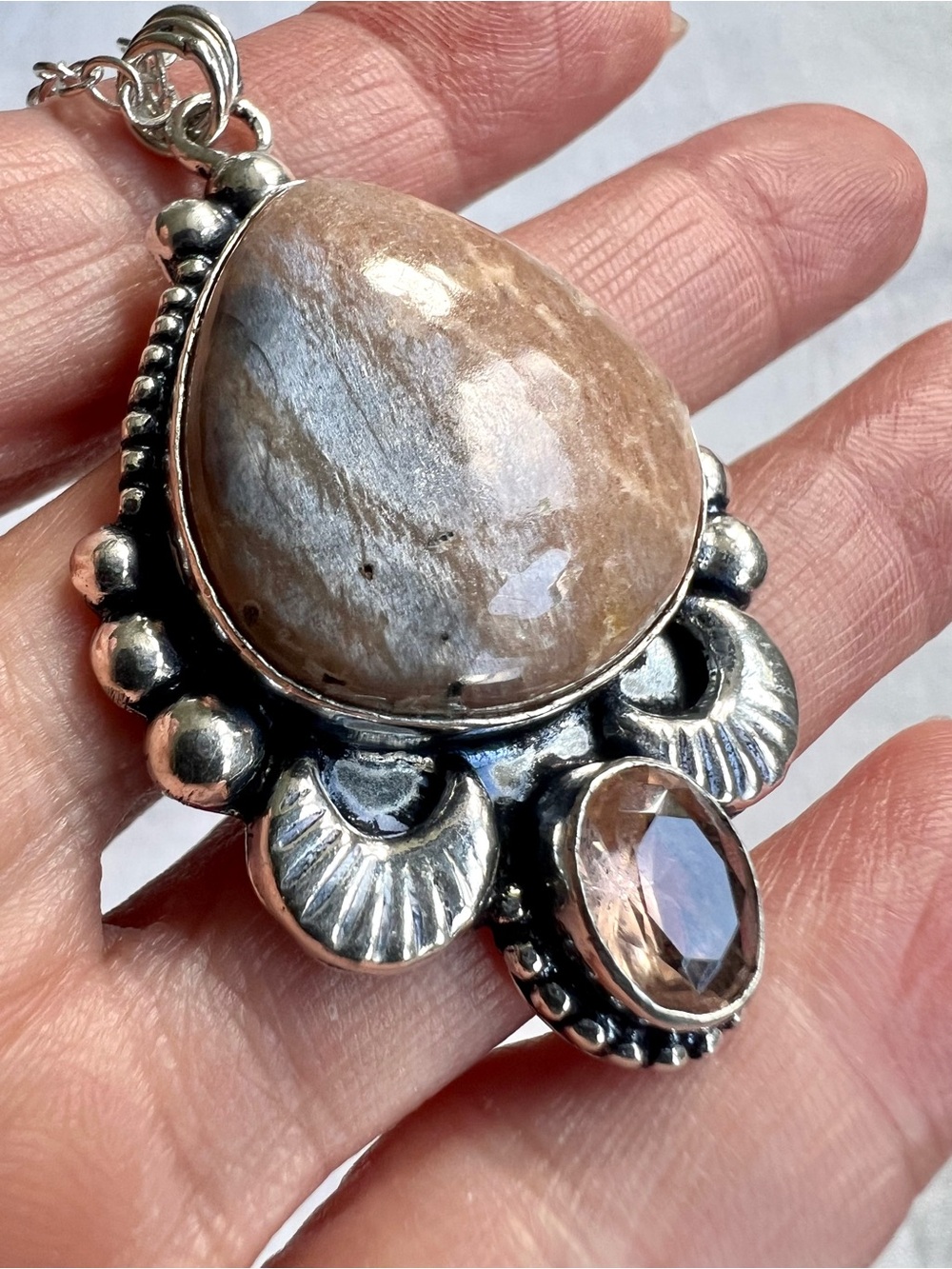 925 Cacao Moon Chocolate Moonstone + Morganite Pendant Necklace